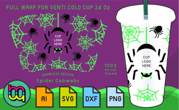 A Spooky Green Spider Cobwebs Tumbler Wrap for Your Graphics & Print Templates